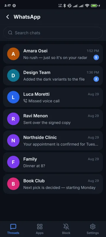 WhatsApp threads inside NotiWeave: one row per sender with the latest message and unread count