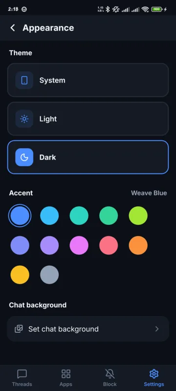 Appearance: System, Light or Dark theme