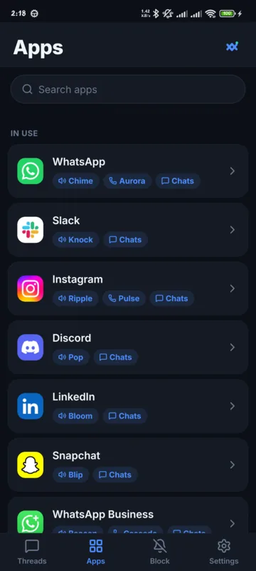 The Apps screen: each app shows its notification sound, call ringtone and whether its chats are saved