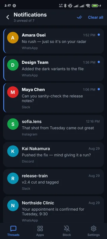 The Notifications panel: every captured alert newest first, unread marked, the source app named under each