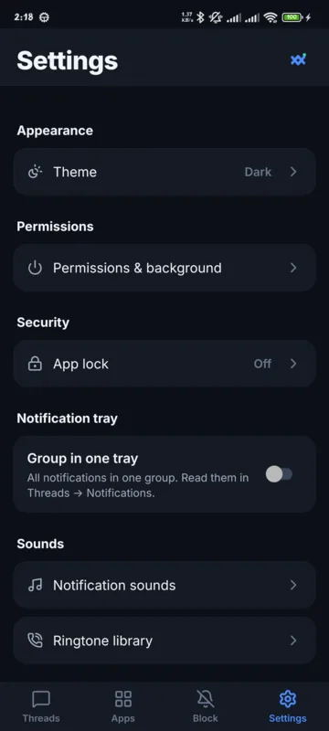 Settings: Theme, Permissions & background, the Group in one tray switch, Notification sounds and Ringtone library