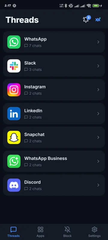 NotiWeave Threads screen listing WhatsApp, Slack, Instagram, LinkedIn, Snapchat, WhatsApp Business and Discord with the number of chats in each